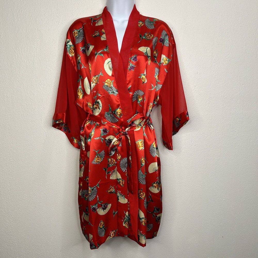 Delicates Vintage 90s Robe Kimono Satin Silky Sheer Oriental Small Fan Floral